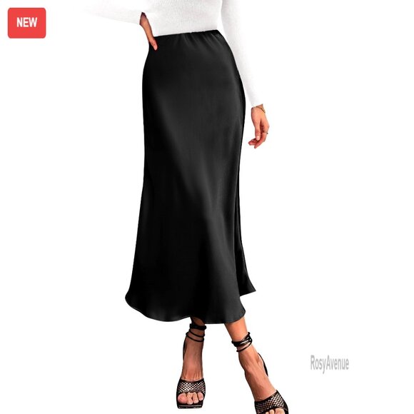 Dresses & Skirts - Satin Midi Skirt High Waist Elastic Flowy A-Line Cocktail Wedding